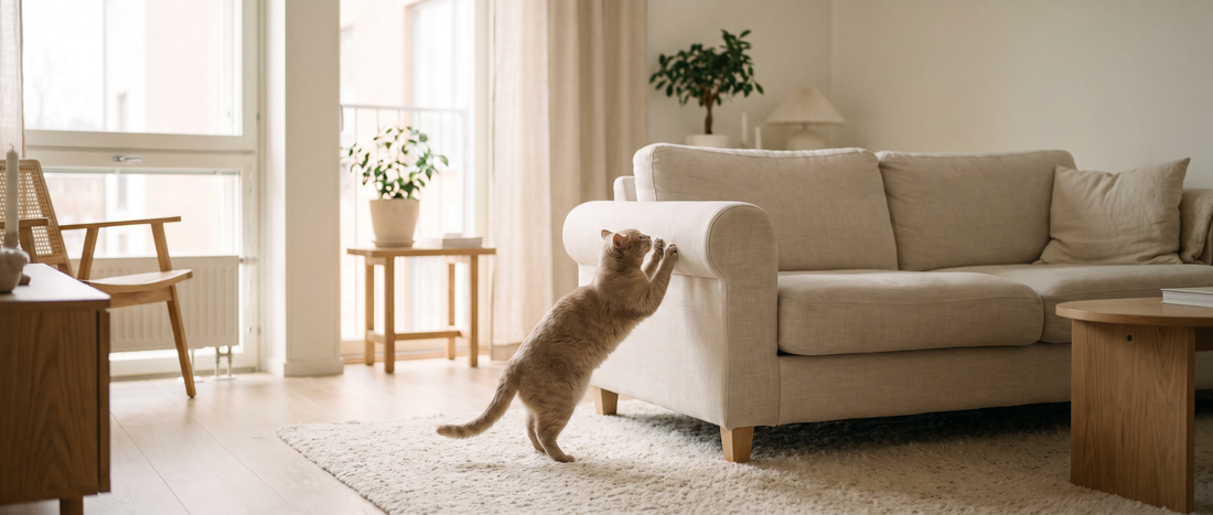 Katt klöser på soffans armstöd i ett ljust skandinaviskt vardagsrum - Djurslottet
