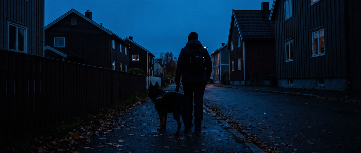 Hund syns dåligt mellan gatlyktorna trots reflexsele på kvällspromenad - Djurslottet