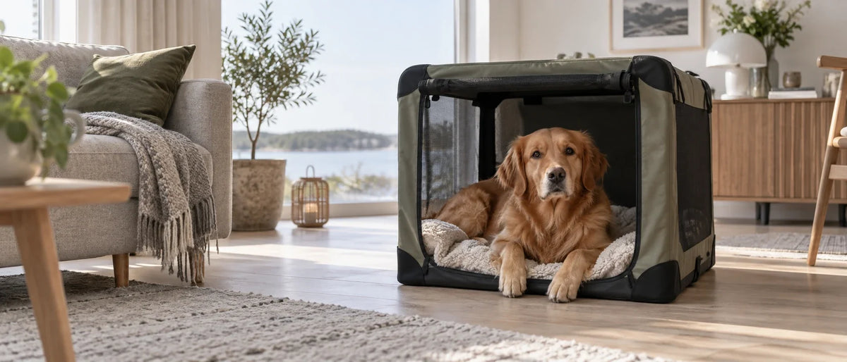 Avslappnad hund i öppen hopfällbar hundbur - Djurslottet