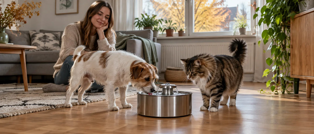 Liten hund och katt vid vattenfontän i svenskt vardagsrum - Djurslottet