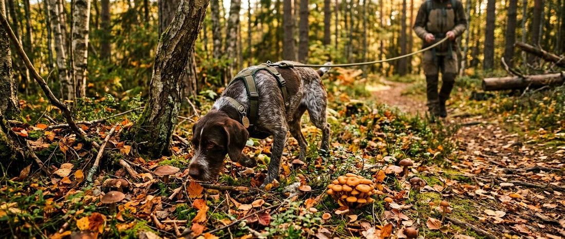 Hund i koppel bland nedfallna löv i svensk höstskog under jaktsäsongen - Djurslottet