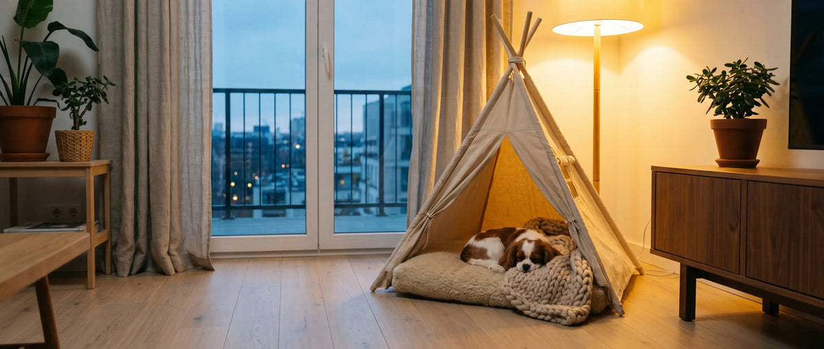 Hundkoja inomhus i form av ett tipitält med en sovande hund - Djurslottet