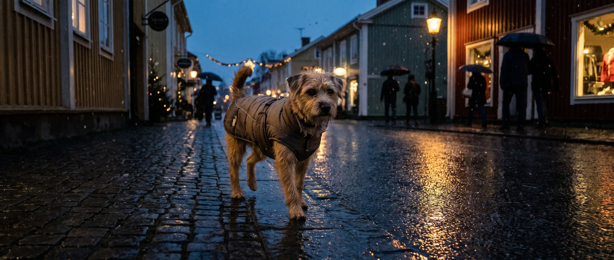 Hundtäcke med sele på en hund som går på en beläst gata i november - Djurslottet