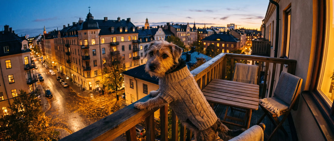 Hundtoalett inomhus på en balkong med en liten hund i skymningen - Djurslottet