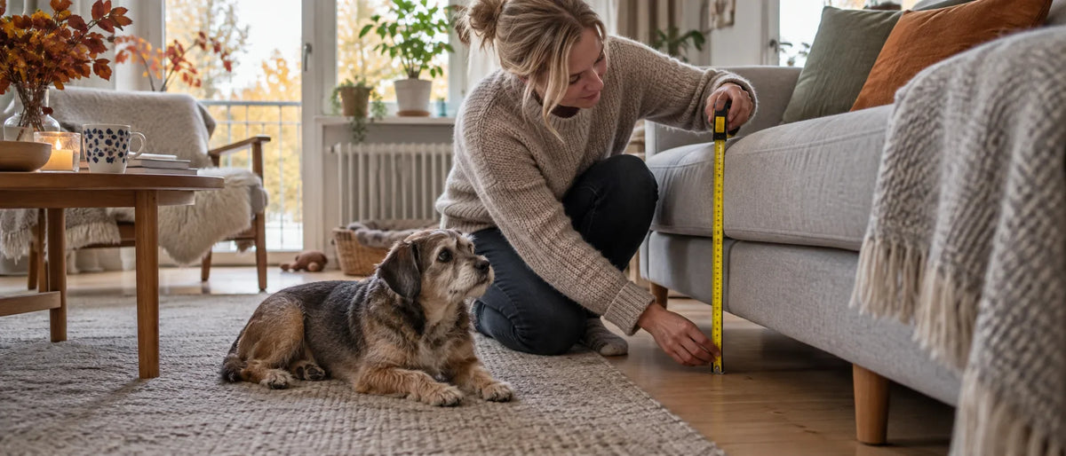 Liten hund vid trappa till soffa i svenskt vardagsrum - Djurslottet