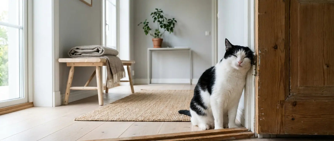 Svartvit katt som gnuggar kinden mot ett dörrkarmshörn i hallen - Djurslottet
