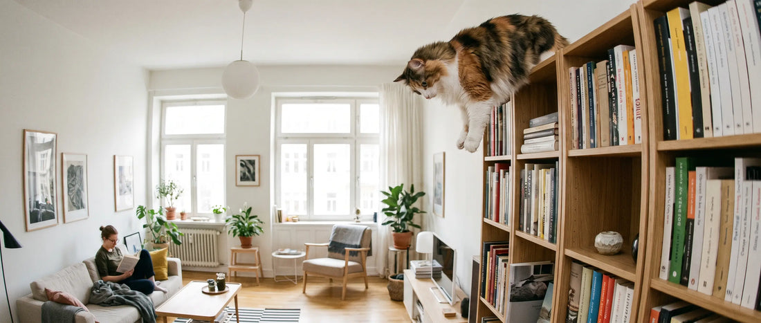Katt som ligger högst upp på en bokhylla och spanar ut över en liten lägenhet - Djurslottet