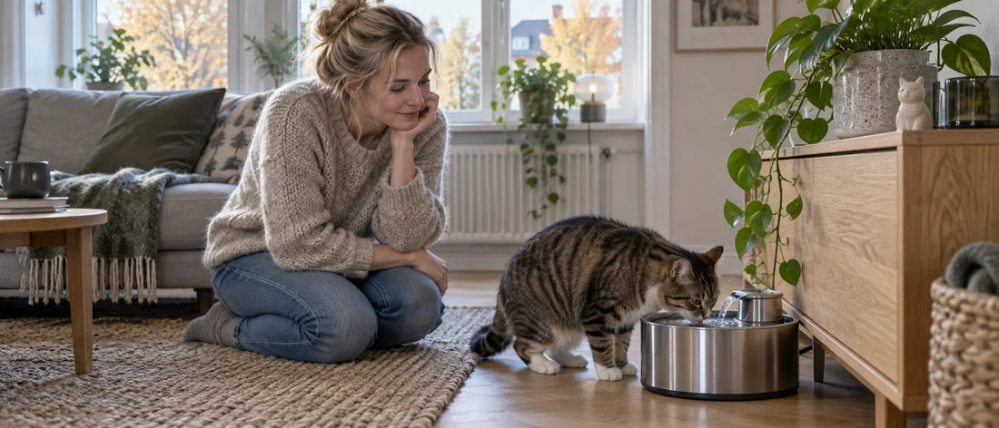 Katt dricker ur vattenfontän i svenskt vardagsrum - Djurslottet