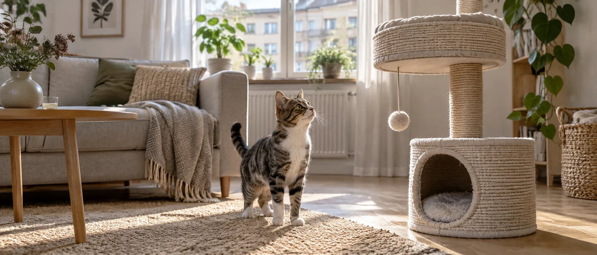 Katt väljer mellan krypin och öppen plats i svenskt vardagsrum - Djurslottet
