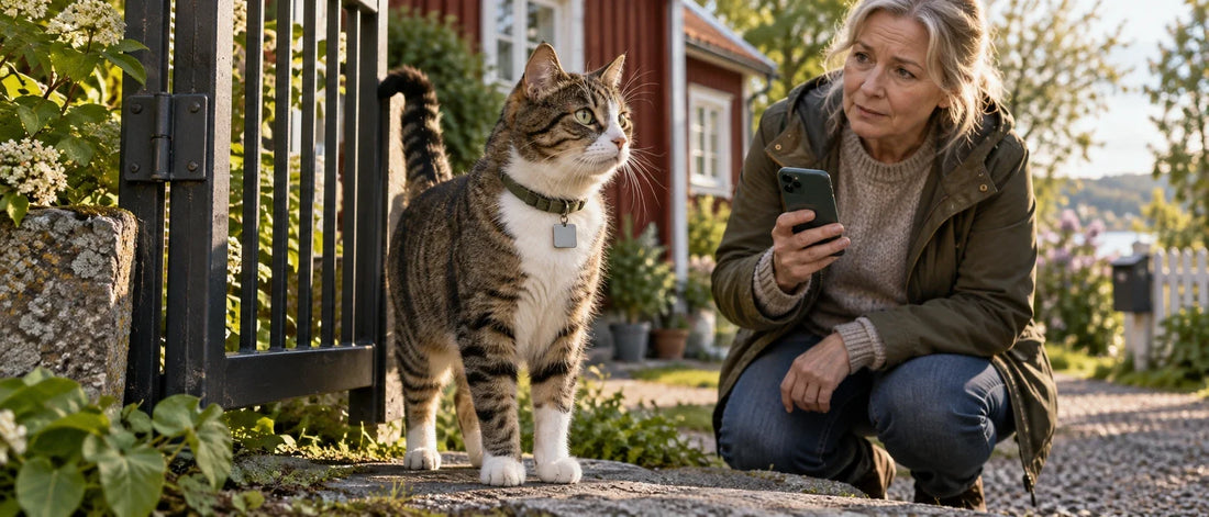 Katt med ID-halsband nära trädgårdsgrind - Djurslottet