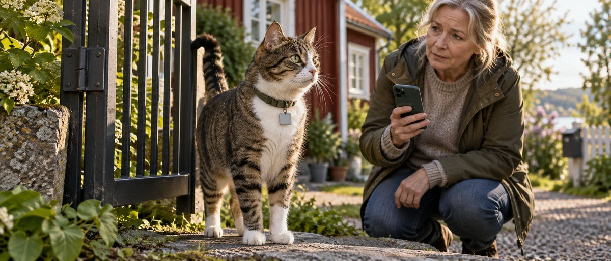 Katt med ID-halsband nära trädgårdsgrind - Djurslottet