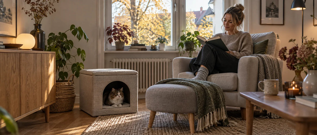 Katt vilar i katthus vid fåtölj i svenskt vardagsrum - Djurslottet