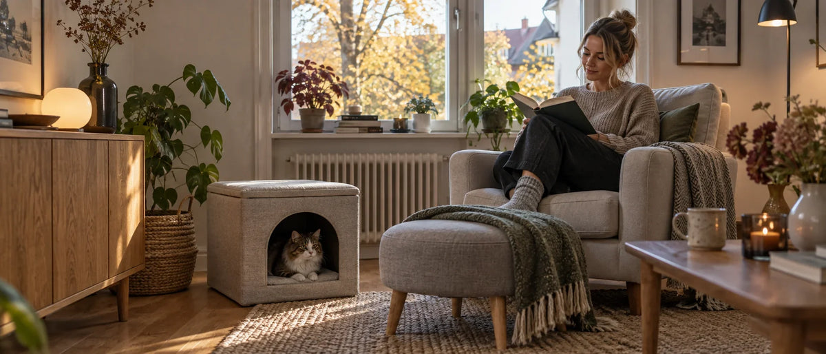Katt vilar i katthus vid fåtölj i svenskt vardagsrum - Djurslottet