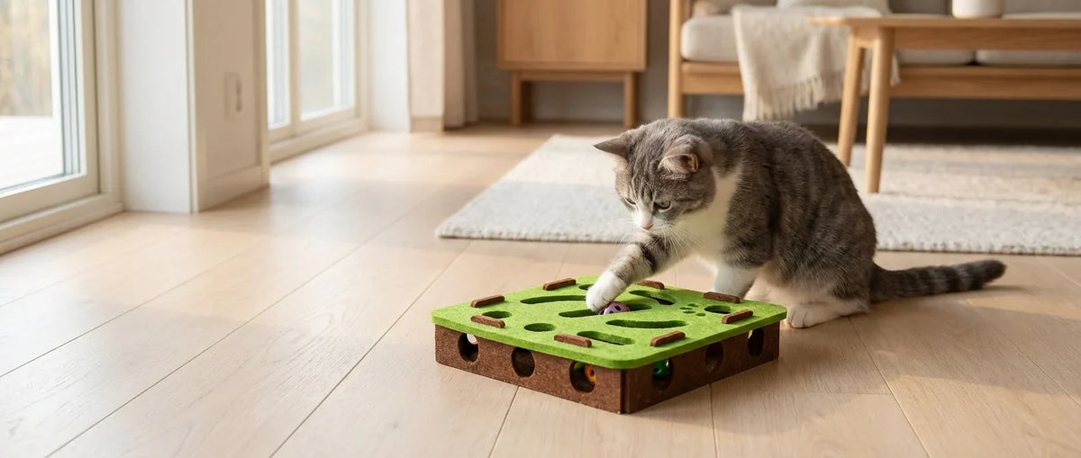 Översikt: Kattpussel med boll så aktiverar du katten på liten yta - Djurslottet