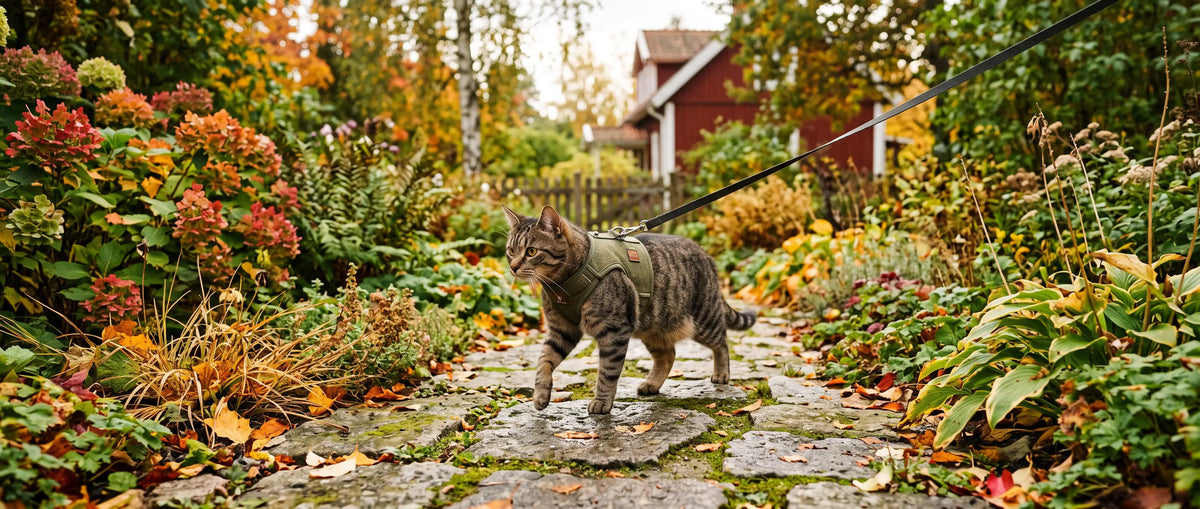 Rymningssäker kattsele på en katt som går på en trädgårdsgång - Djurslottet