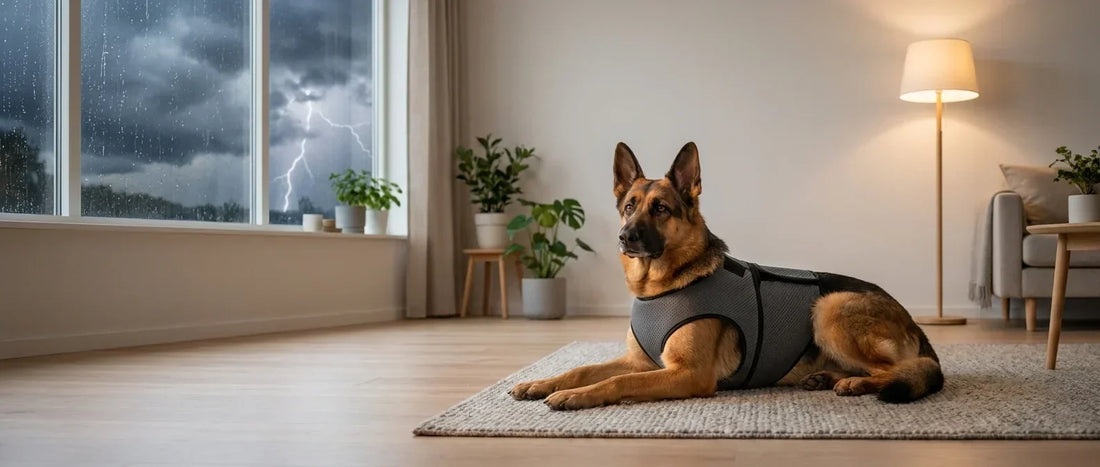 Orolig hund vid åska med lugnande hundväst - Djurslottet