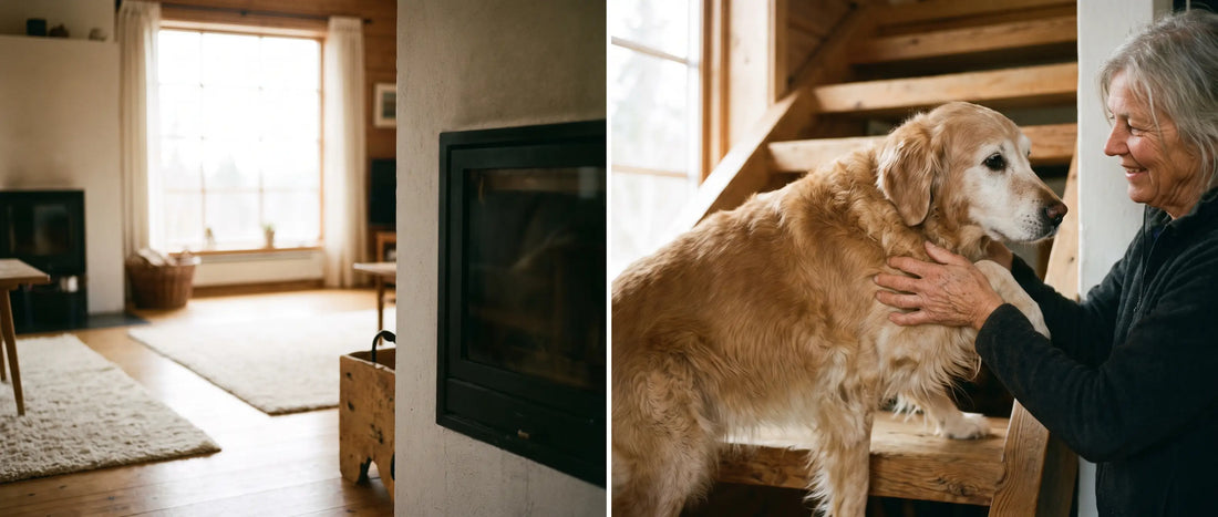 Lyftsele för hund används när en äldre golden retriever ska upp för trappan - Djurslottet