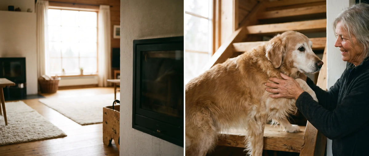 Lyftsele för hund används när en äldre golden retriever ska upp för trappan - Djurslottet
