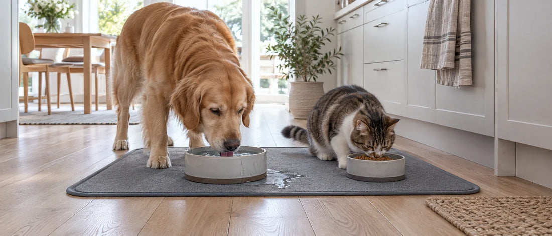 Hund och katt vid matskålar på spillunderlägg - Djurslottet