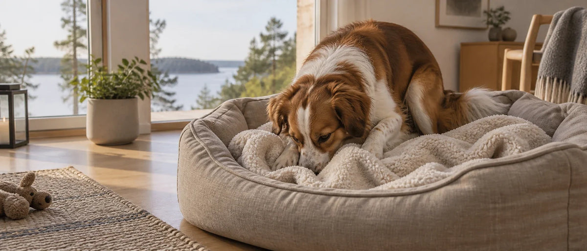 Hund som bäddar med mjuk filt i sin bädd - Djurslottet