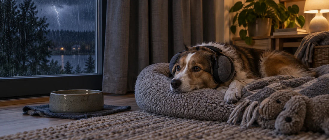 Hund som vilar med hörselskydd under oväder - Djurslottet
