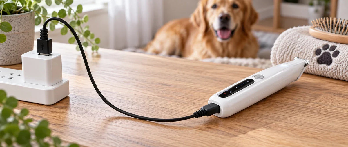 USB-A och tvåstiftskontakt på laddkabel till tasstrimmer - Djurslottet