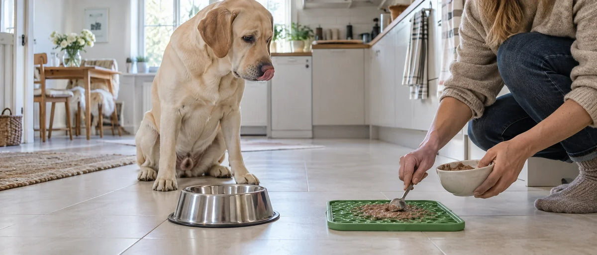Hund som äter snabbt i hemmets matplats - Djurslottet