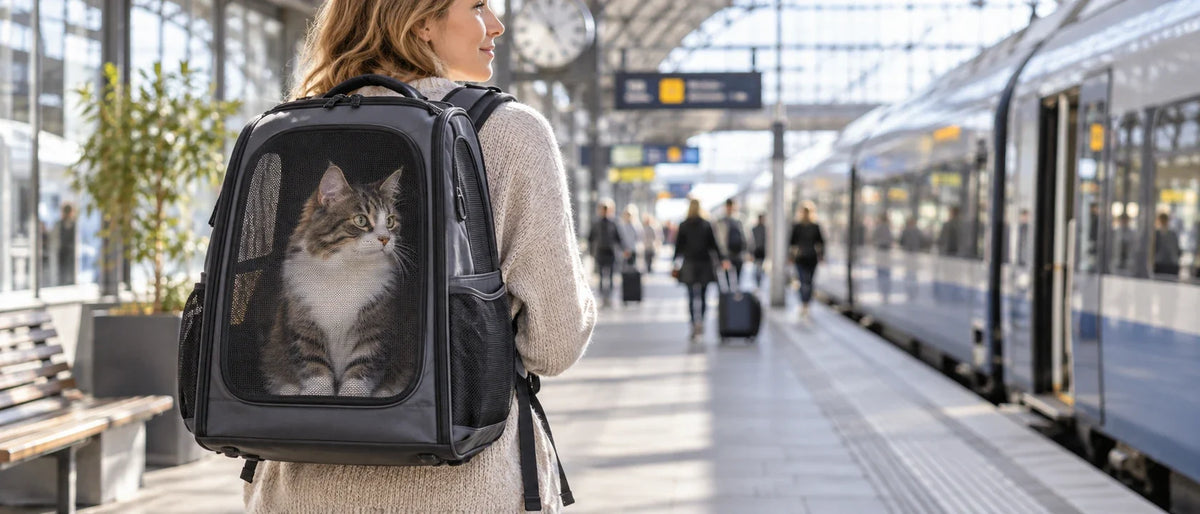 Lugn katt i ventilerad transportryggsäck på tågstation - Djurslottet