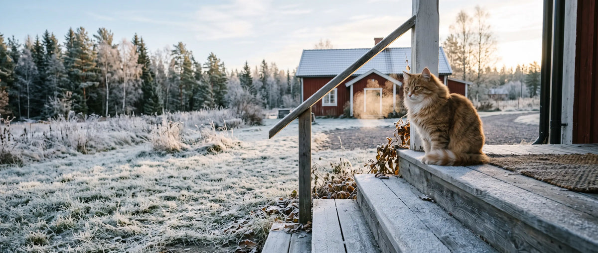 Katt som behöver värmedyna utomhus sitter på en frostig veranda - Djurslottet