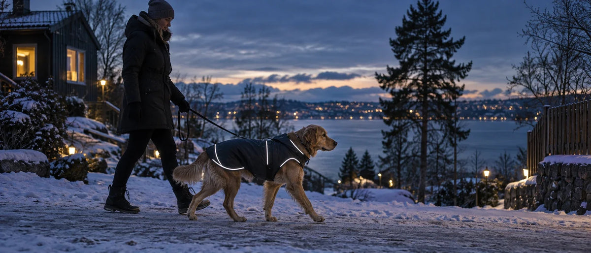Hund i vinterjacka med reflex vid skymningspromenad - Djurslottet