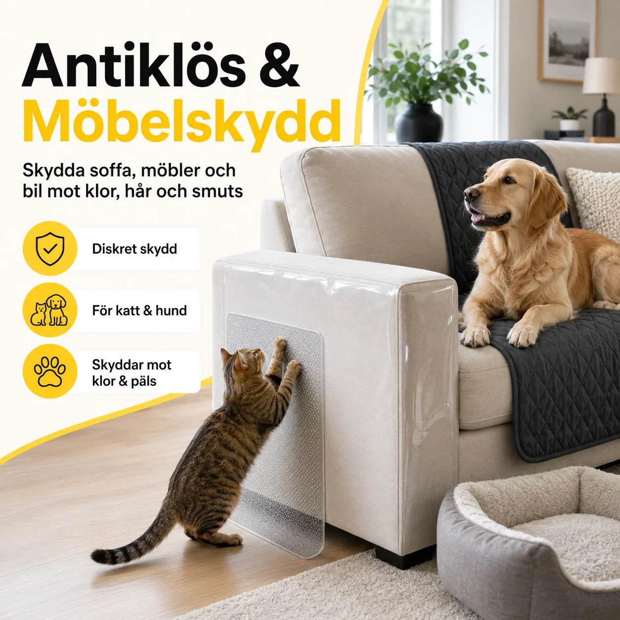 Antiklös och möbelskydd för katt och hund som skyddar soffa, möbler och bil mot klor, hår och smuts