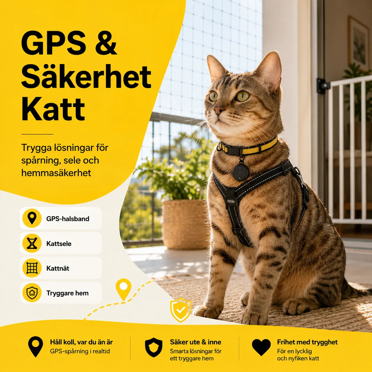 GPS och säkerhet för katt med GPS-halsband, kattsele, kattnät och trygg hemmasäkerhet
