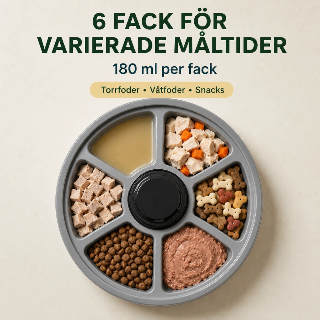 Sex fack med 180 ml torrfoder, våtfoder och snacks i foderautomaten - Djurslottet