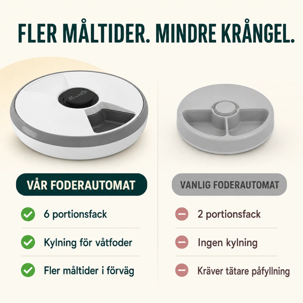 Jämförelse mellan foderautomat med 6 fack och kylning och en vanlig modell - Djurslottet