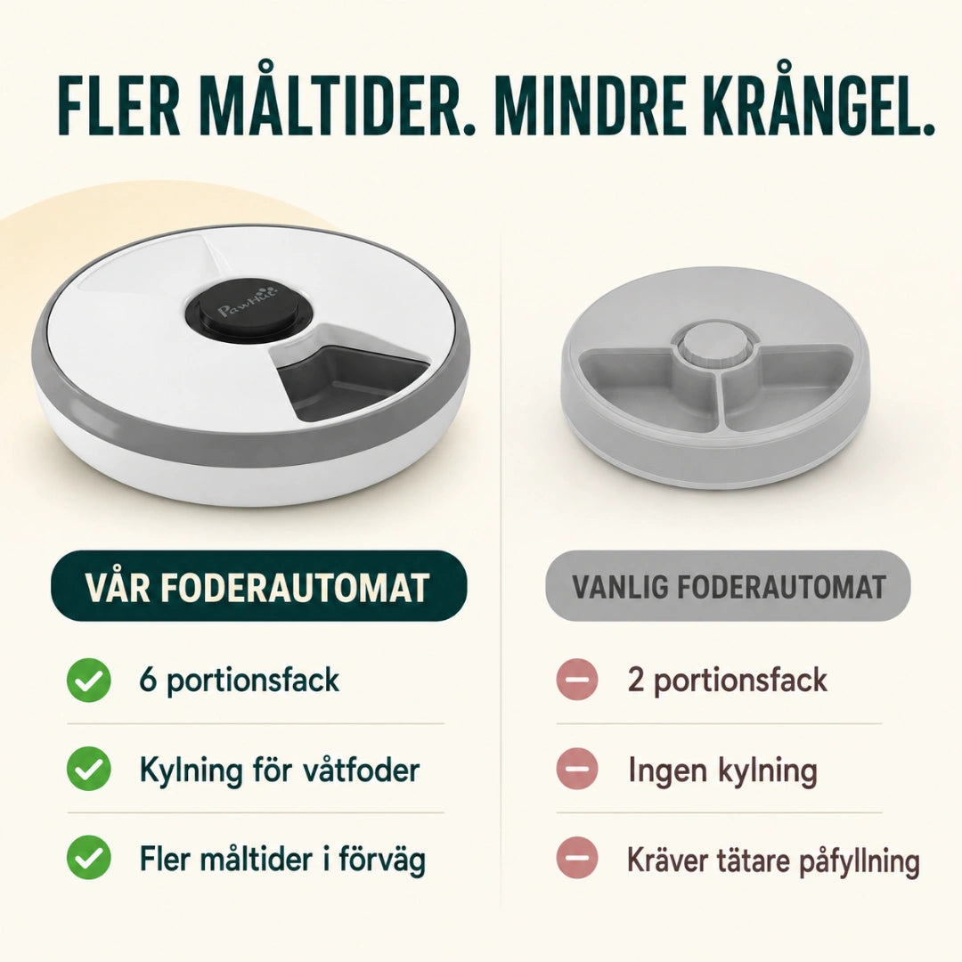 Jämförelse mellan foderautomat med 6 fack och kylning och en vanlig modell - Djurslottet