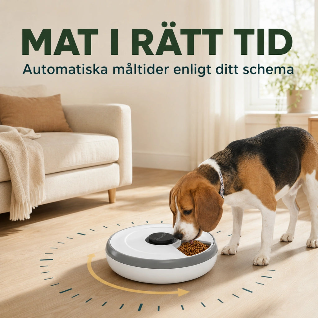 Hund som äter ur foderautomaten enligt det inställda schemat - Djurslottet