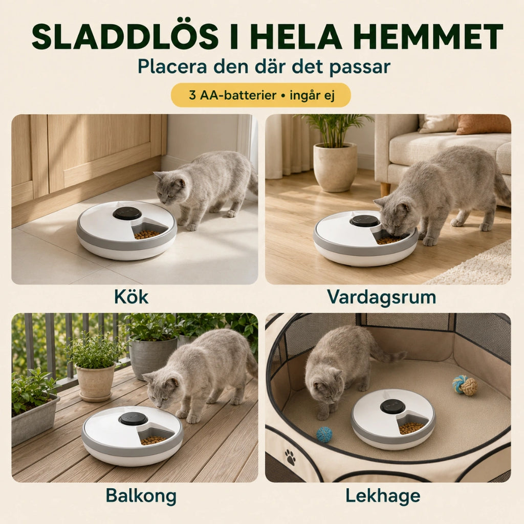 Sladdlös foderautomat placerad i kök, vardagsrum, balkong och lekhage - Djurslottet