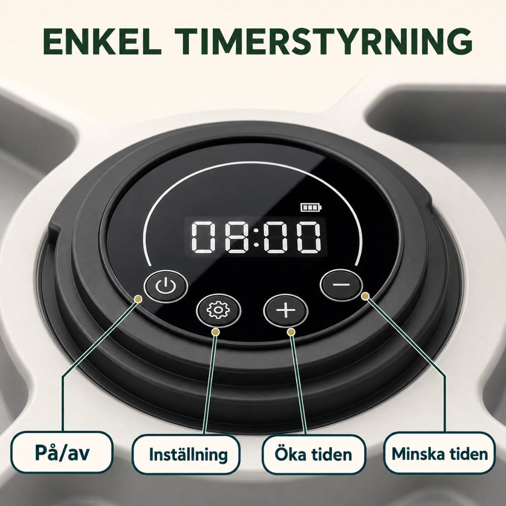 Timerpanel med display och knappar för på av, inställning och tid - Djurslottet