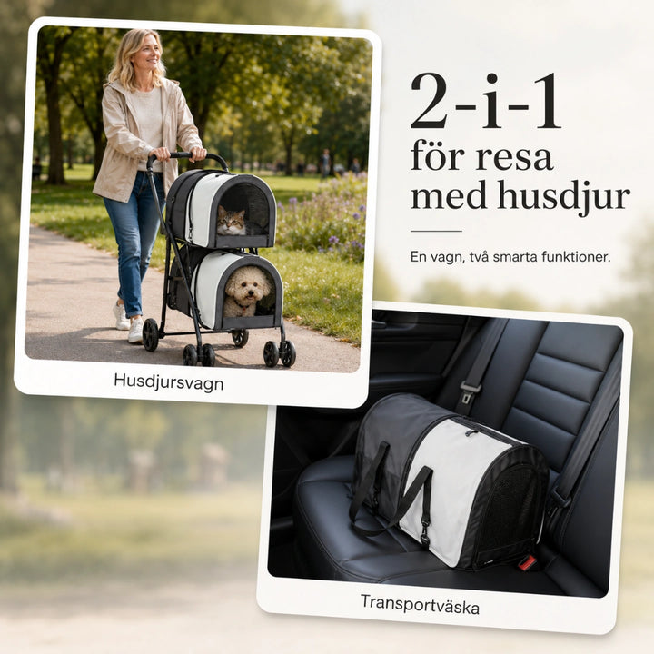 Detixy Dubbel Djurvagn avtagbar transportdel som bärväska för hund och katt - Djurslottet