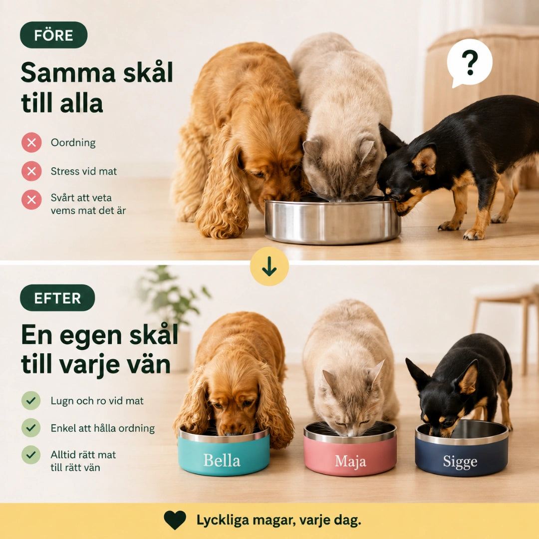 Före och efter, en gemensam skål mot en egen skål per djur - Djurslottet
