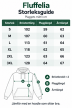 Fluffelia storleksguide S–3XL: bröstomfång, plagglängd och ärmlängd i cm.