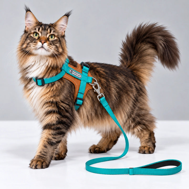 HiDream Leather Series kattsele - Maine Coon med turkos sele och koppel - Djurslottet
