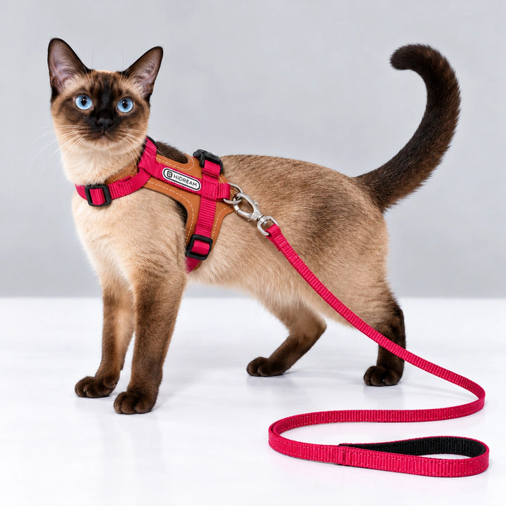 HiDream Leather Series kattsele - Siameskatt med rosa sele och koppel - Djurslottet