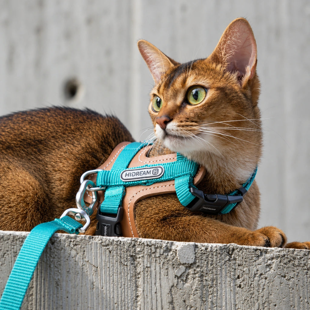HiDream Leather Series kattsele - Turkos sele på brun katt som vilar på betongmur - Djurslottet