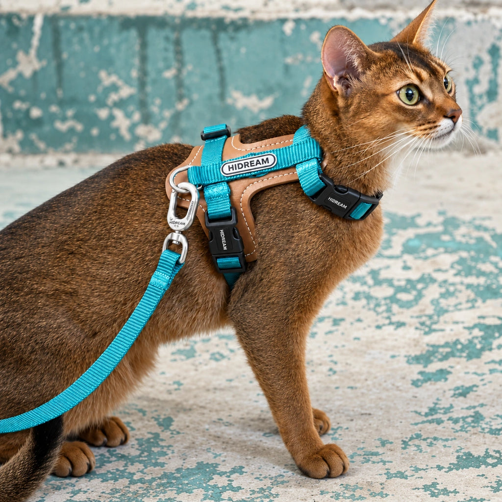 HiDream Leather Series kattsele - Turkos sele på brun katt vid turkos betongvägg - Djurslottet