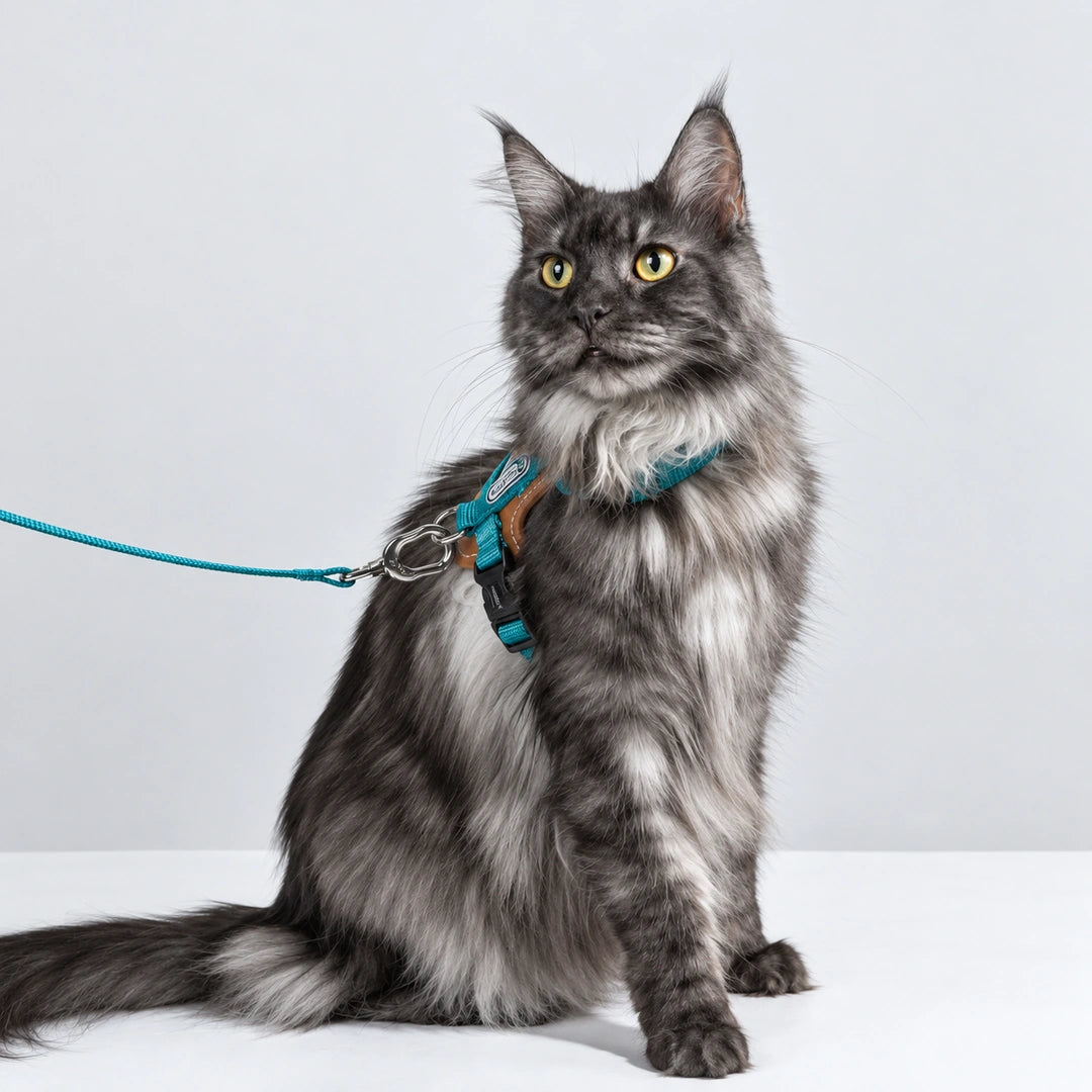 HiDream Leather Series kattsele - Turkos sele på sittande långhårig grå katt - Djurslottet