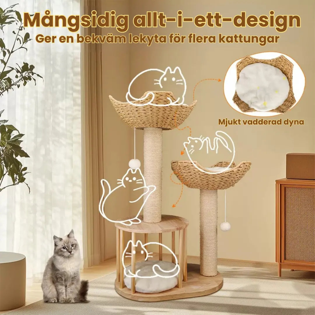 Klösträd i naturträ med korg och koja Mångsidig allt-i-ett-design - Djurslott
