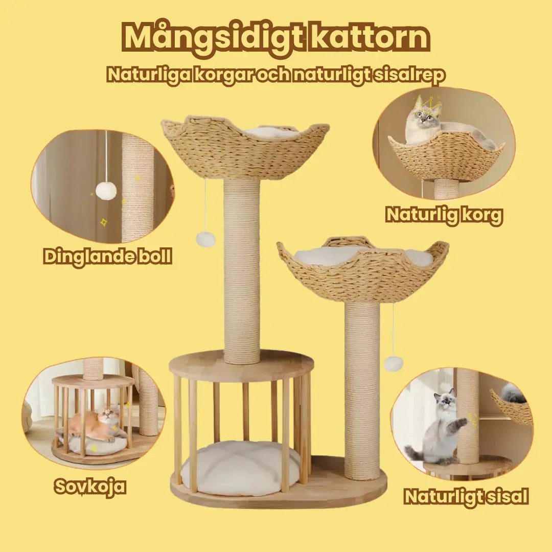 Klösträd i naturträ med korg och koja Mångsidigt katttorn - Djurslottet