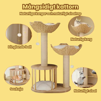 Klösträd i naturträ med korg och koja Mångsidigt katttorn - Djurslottet