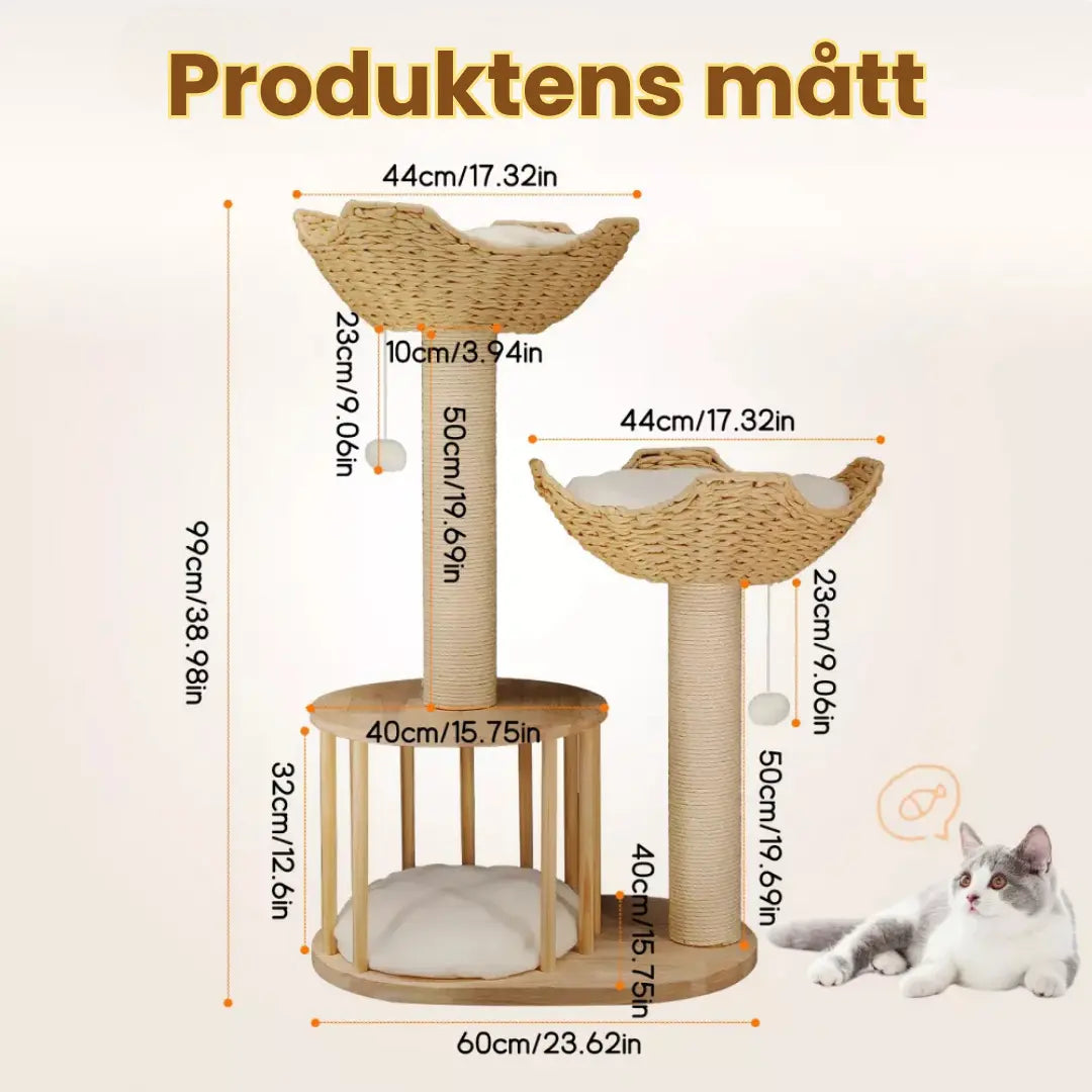Klösträd i naturträ med korg och koja Produktens Matt - Djurslottet